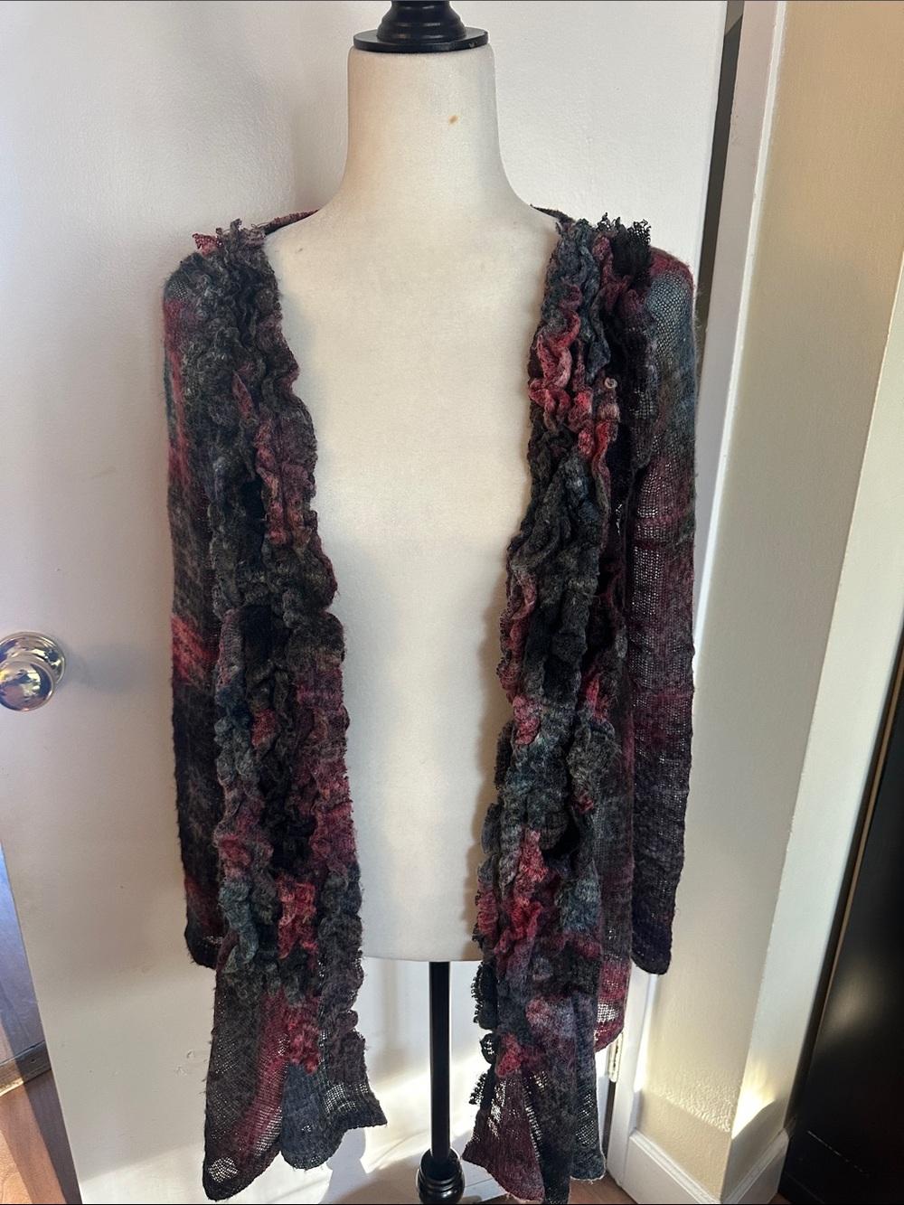 Open-Front Ruffle Cardigan Sweater in Charcoal and Burgundy
